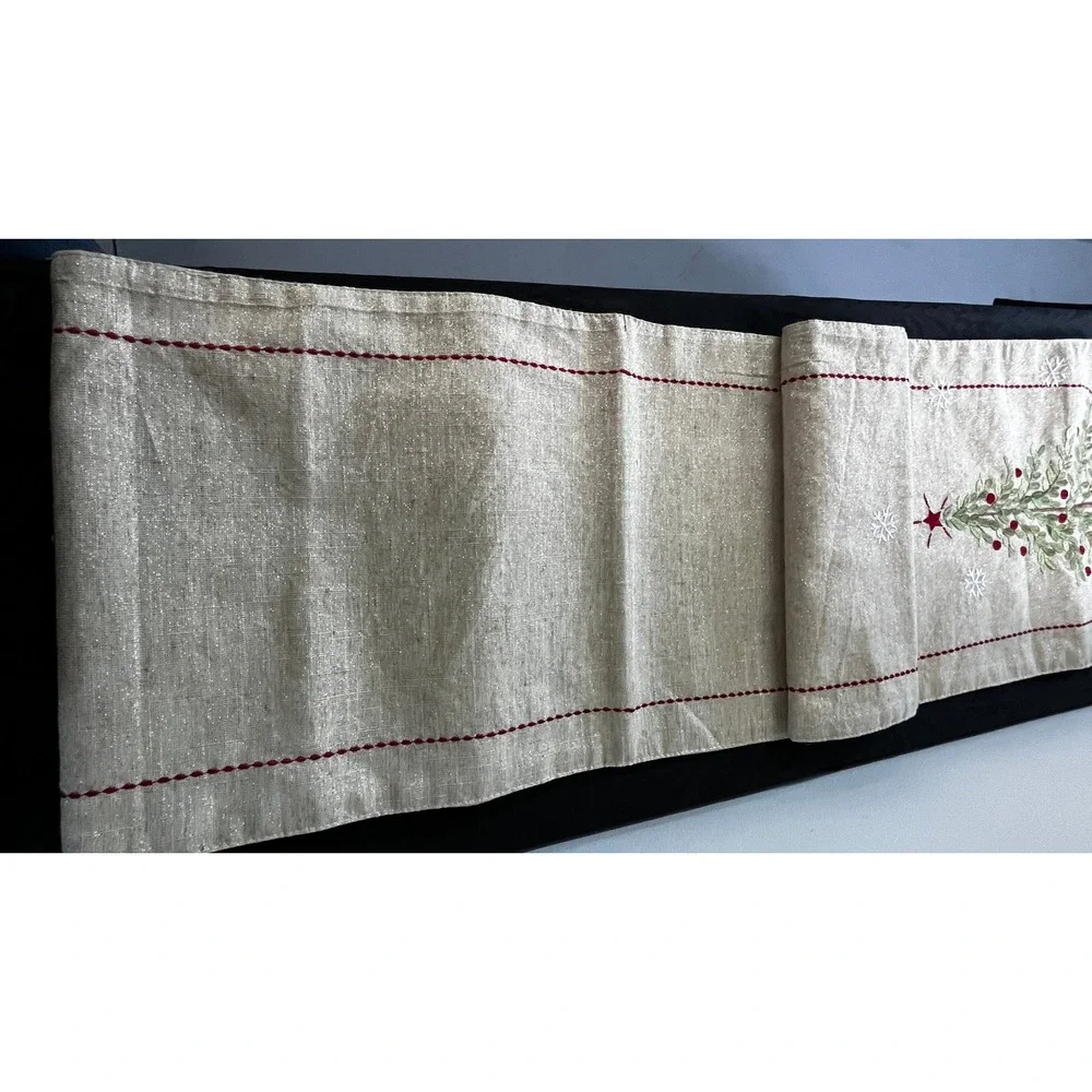Christmas Tree Embroidered Table Runner Gold Metallic Snowflakes Neutral 72